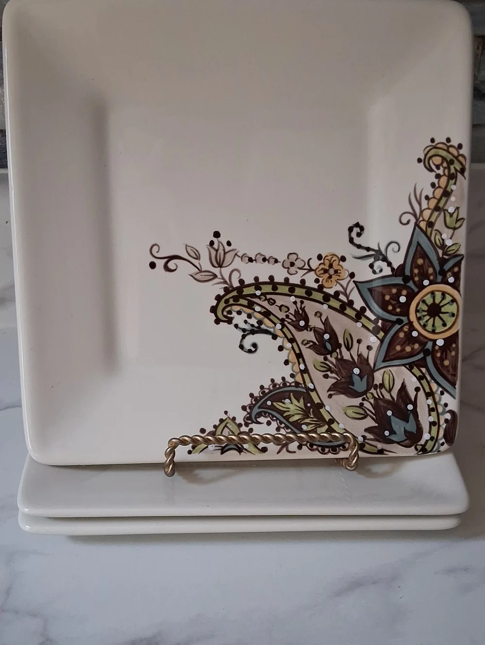 Gallery Square Salad Plate with Brown, Teal & Yellow Floral Motif 8x8